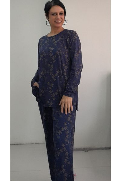 Mertcan Butik Navy Blue Star Patterned Bottom Top Suit Combed Cotton Viscose Pajama Set