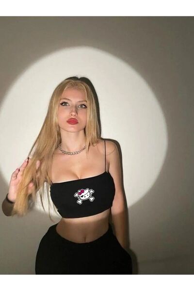 Le Savu Bustier crop negru colorat Pirate pisică cu imprimeu cu bretele din f...