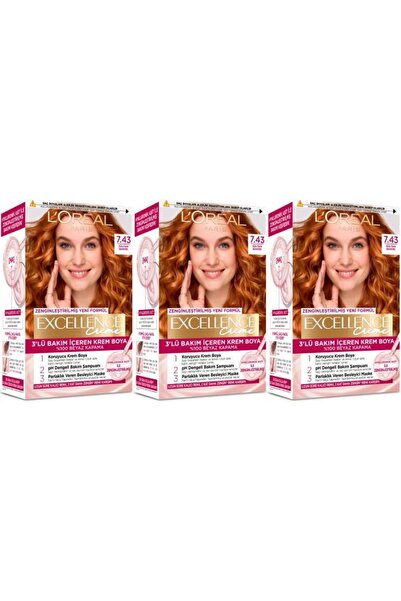 L'Oreal Paris Excellence Saç Boyası 7.43 Sultan Bakırı 3'lü Set Yenilenmiş Am...