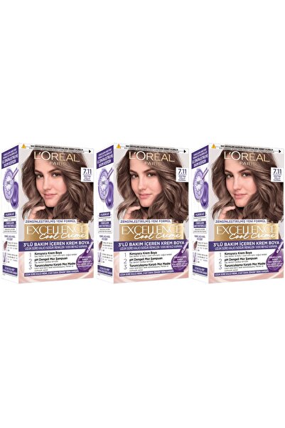 L'Oreal Paris Excellence Saç Boyası 7.11 Ekstra Küllü Kumral 3'lü Set