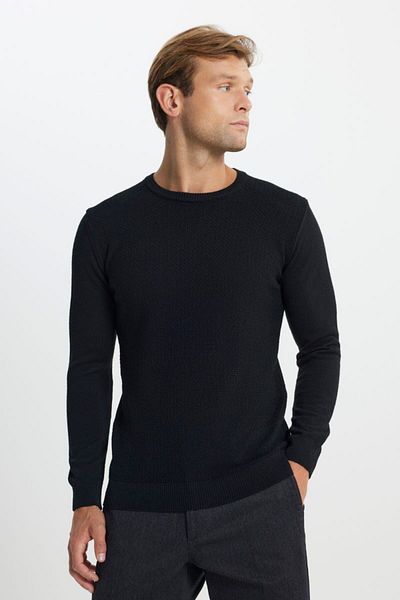 ALTINYILDIZ CLASSICS Pulover negru din tricotaje jacquard cu decolteu - bumbac, potrivire standard