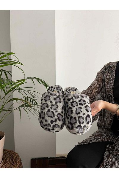 Behtah Kundura Γυναικείες παντόφλες σπιτιού με χνουδωτό σχέδιο λεοπάρ - Αθόρυβη σόλα και γούνινες παντόφλες