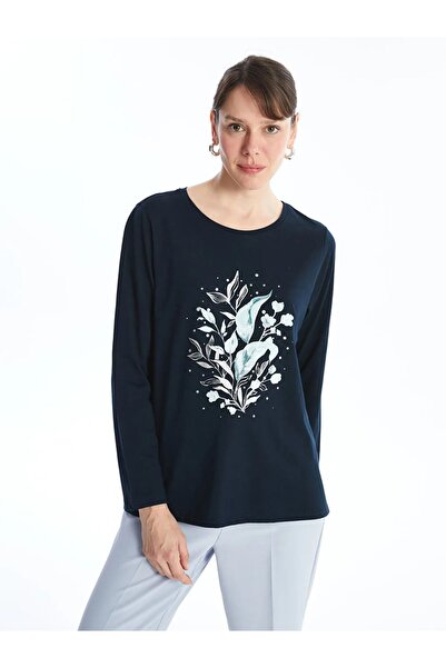 LC Waikiki LCW Grace Lacivert Bisiklet Yaka Baskılı Uzun Kollu Kadın Tişört