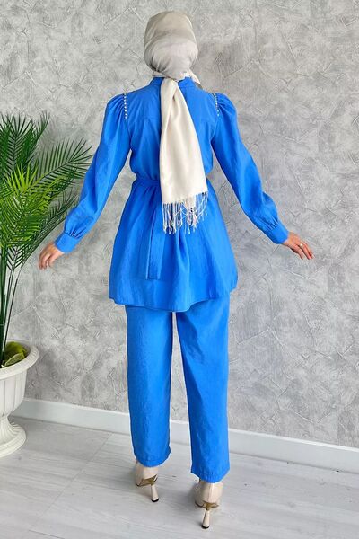 julude Stone Embroidered Shoulders - Women's Hijab Double Set, Sax Blue