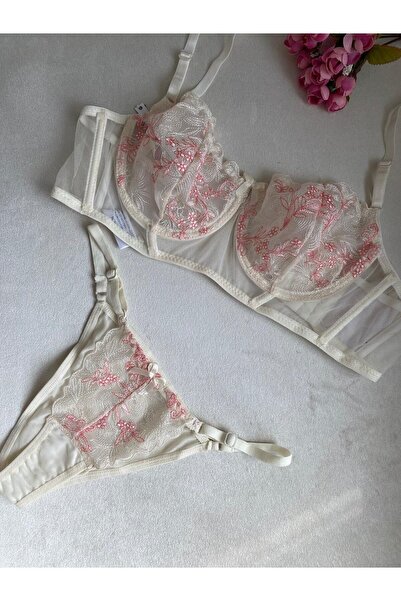 Butik Krem Fuşya Balenli Danteli Sütyen Takım