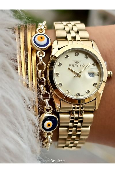 FERRO Brand Steel Cord, Yellow Color, Small Case Women's Wrist Watch + Evil Eye Beaded Bracelet
