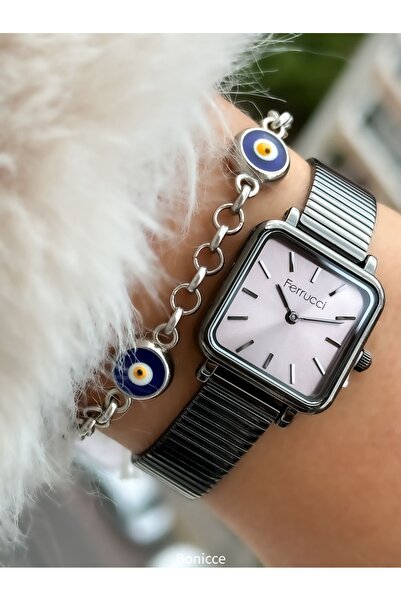 Ferrucci Brand Smoked Color Steel Cord Mini Square Case Women's Wrist Watch+Nazar Beaded Bracelet