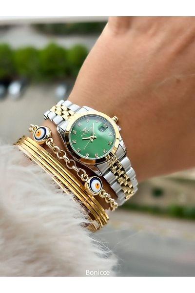 FERRO Brand Steel Cord, Yellow Color, Small Case Women's Wrist Watch + Evil Eye Beaded Bracelet