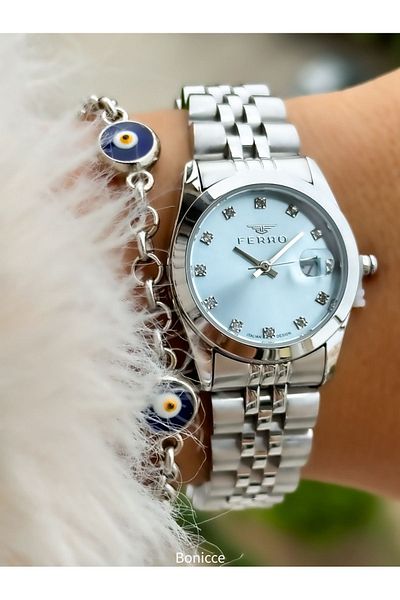 FERRO Brand Steel Cord, Silver Color, Small Case Women's Wrist Watch + Evil Eye Beaded Bracelet