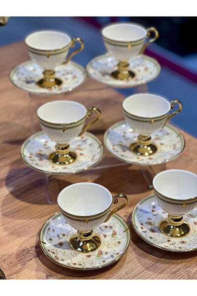 ACAR 6lı arlen çiçek tabaklı yeşil gold ayaklı türk kahve fincan takımı
