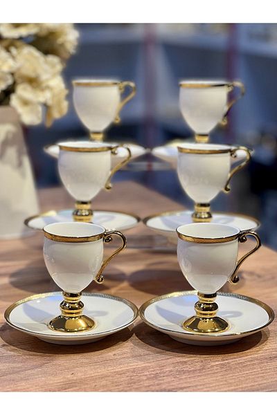 ACAR 6-Piece Prune Plain Cream Gold Footed Turkish Coffee Cup Set