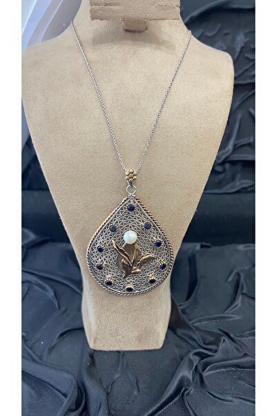Midyat Artuklu Gümüşçülük Safir Taşlı İnci Damla Modeli Telkari Gümüş Kolye