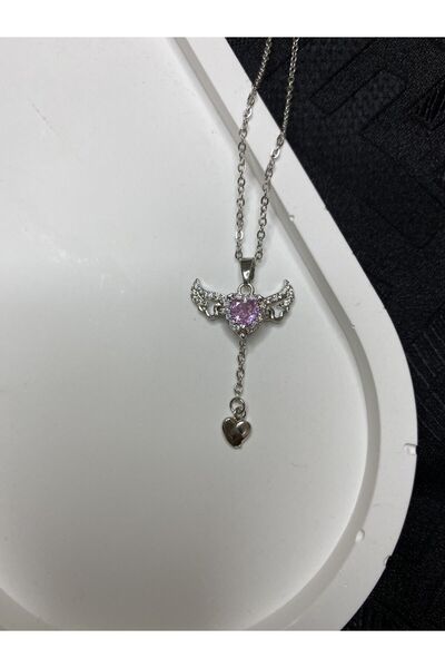 SAMİLA ACCESSORY PEMBE KRİSTAL MELEK KANATLI KALP KOLYE