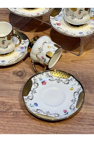 ACAR 6-Piece Vintage Floral White Gold Embossed Gilt Turkish Coffee Cup Set