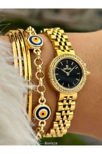 Reward New Model Color Steel Cord Small Mini Case Rhinestoned Women's Wristwatch + Nazar Beaded Bracelet