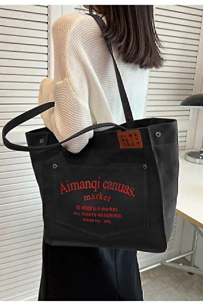 WEST BULLS Velká černá taška přes rameno Canuas z organického plátna s kapsou