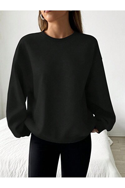 LUMİZA سويت شيرت نسائي أسود أساسي ناعم ومزخرف