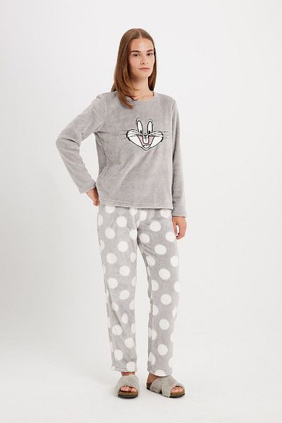 DeFacto Σετ βελούδινες πιτζάμες Looney Tunes - Crew Neck, μακρυμάνικο, επάνω μέρος με στάμπα στο κάτω μέρος