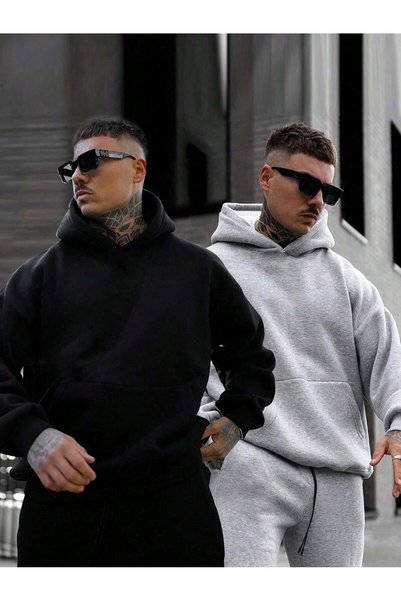 RABTEKS Erkek 2'li Siyah-Gri Kanguru Cepli Kapüşonlu Oversize Sweatshirt Hodiee