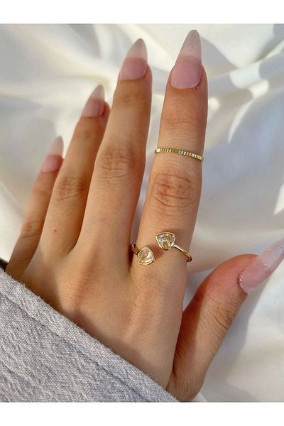 Eylülün Takısı Gold Colored 2-piece Stone Detailed Heart Model Women's Ring
