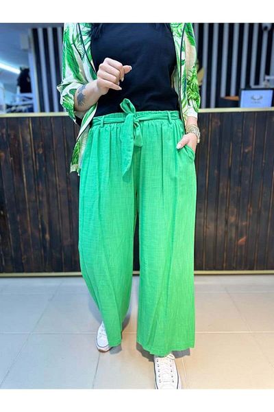 GÖKSEL Green Linen Plus Size Trousers