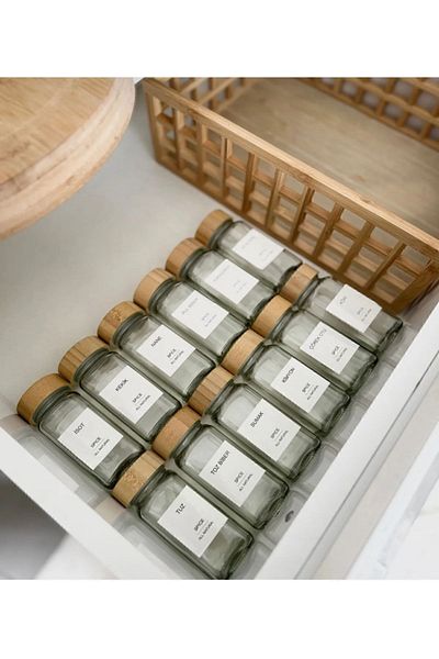 Home Bamboo Lid Borasilicate Glass Spice Rack Set of 12