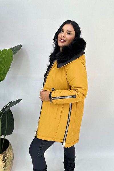 GÖKSEL Mustard Colored Large Size Crested Fur Coat