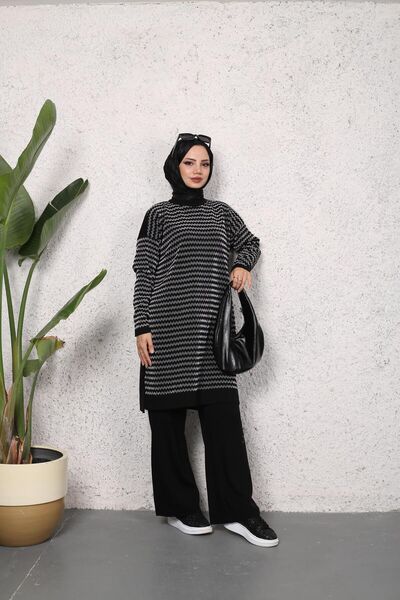 nacar çarşı KADIN MODEST YAN ÇİZGİ DESENLİ SİMLİ TRİKO TUNİK PANTOLON 2'Lİ ALT-ÜST TAKIM