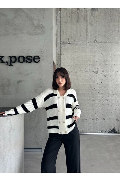 NATUFIAN STORE Black and White Striped - Women's Knitwear Cardigan with Eight Buttons