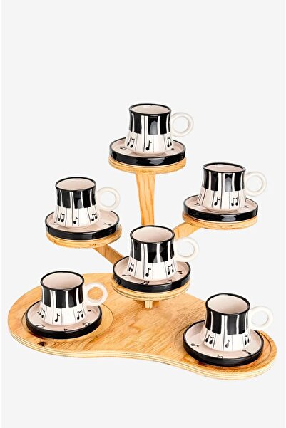 Porsellena 6lı 12 Parça Piyano Desenli El Yapımı Kahve Fincan Seti