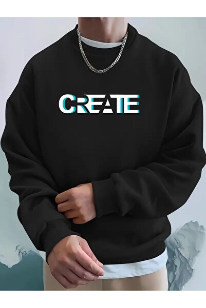 AEMİ Чоловічий оверсайз чорний світшот - 3 нитки, велосипедний комір, принт C...