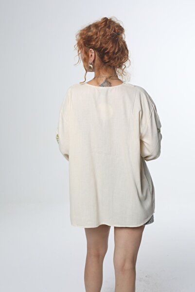 Bak'ap قميص بلوزة بوهيمي - تفاصيل تطريز من الكتان الخام