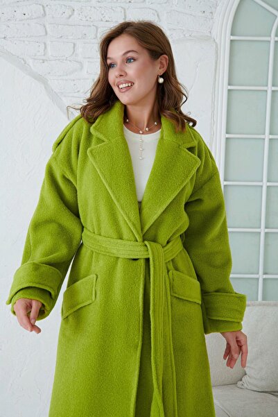 WOMAN VISION Pistáciově zelený midi kabát – dvouřadý límec, pásek, dlouhý rukáv, od ramene, podšitý 9002