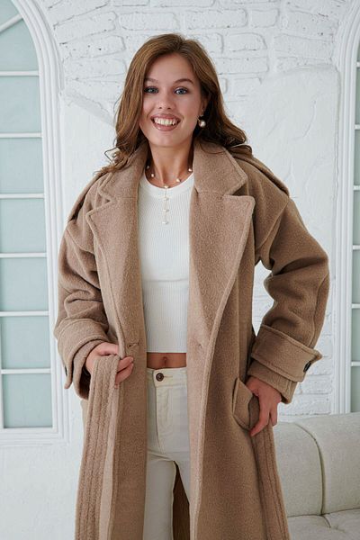 WOMAN VISION Παλτό Midi Mink με διπλό στήθος με ζώνη - Μακρυμάνικο, εκτός ώμου, με επένδυση 9002