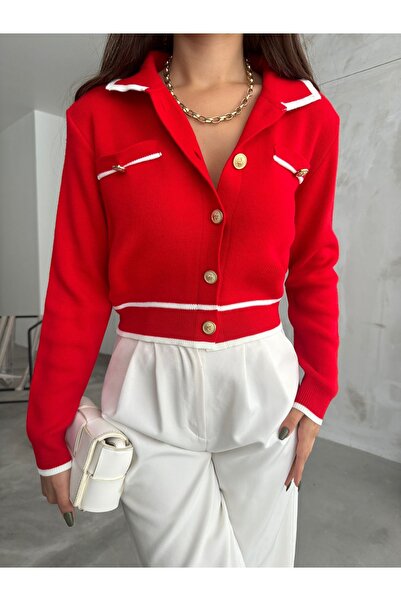 charm butik Gold Buttoned Polo Neck Crop Cardigan