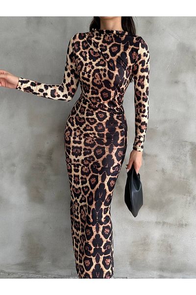 buqre's moda Rochie maxi la modă cu imprimeu leopard - Gât pe jumătate
