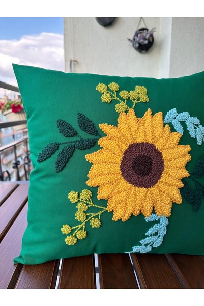 Punch Panch Sunflower Model Cushion Cover Hand Embroidered 100% Handmade (43X43) Emerald Green Color
