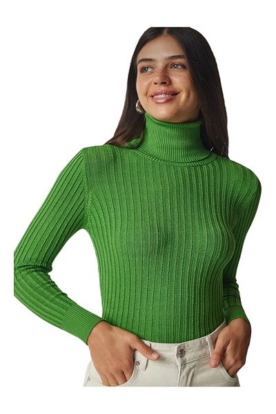 Butik Serdivan Pulover de tricotaj pentru femei cu nervuri - Gât rotic, cu gât înalt, Lycra Basic Trend