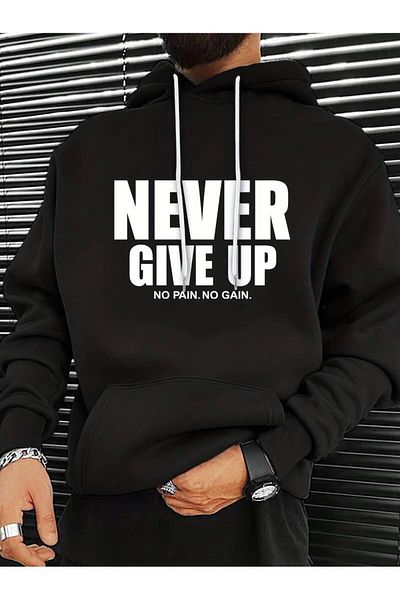Keywest Унисекс Never Give Up Зимен суичър с щампи Oversize - 3 нишки, 100% памук, суичър с качулка