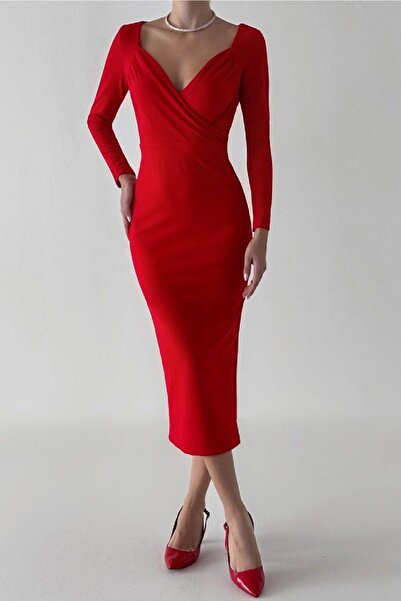 Pissos Kadın Kruvaze Yaka Midi Boy Kırmızı Elbise
