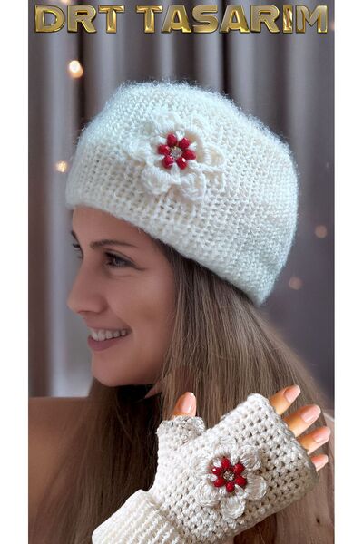 drt tasarım Beige Fingerless Gloves and Floral Headband Set