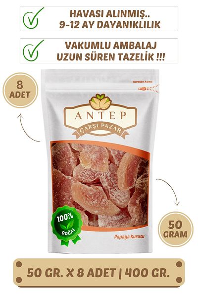Antep Çarşı Pazar 50 Gr. X 8 Pieces of Papaya Dried Fruit - Vacuum Packaging