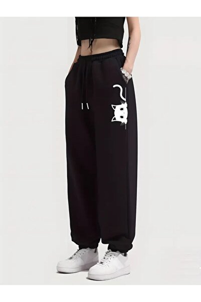 GALASHOP Siyah Kedi Desenli esofman altı