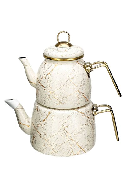 ThenTech Beyaz Gold Detaylı Kırık Mermer Desenli Çaydanlık Kaliteli Demlik Be...