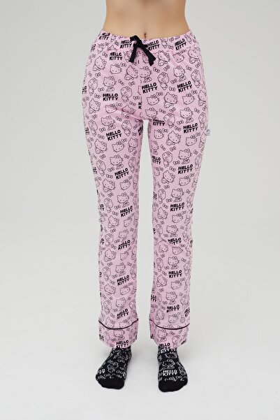 Hello Kitty Lisanslı Baskılı Pembe Kadın 100% Pamuklu Bol Paça Eşofman Altı-Pijama-Pantolon Roz-248/A