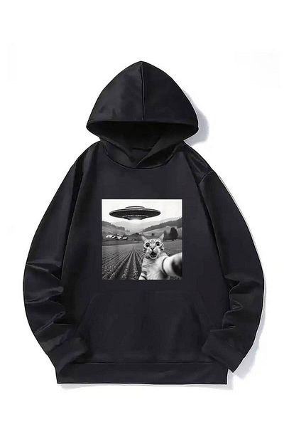 Machetta Hanorac de iarnă oversize unisex cu model OZN Cat - 3 fire 100% bumbac, cu glugă
