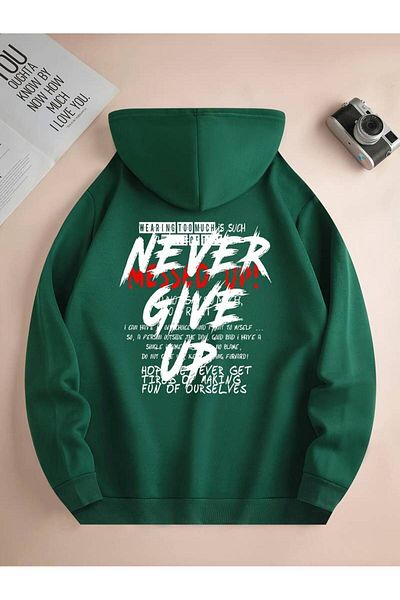 Machetta Унисекс Never Give Up Зимен суичър с щампи Oversize - 3 нишки, 100% памук, суичър с качулка