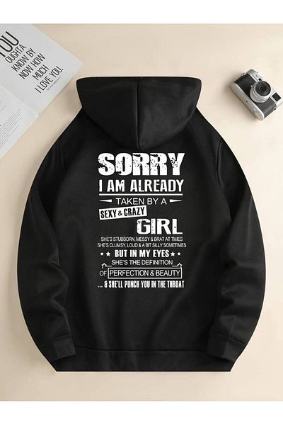 Keywest Hanorac de iarnă supradimensionat unisex - 3 fire, 100% bumbac, glugă, imprimat „Sorry I Am Already”