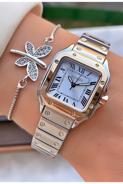 Homies Yellow Silver Colored Waterproof Women's Wristwatch and Bracelet Gift