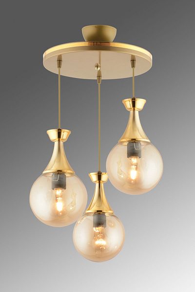GYK LİGHT Mi̇nel Set of 3 - Antique Chandelier with Gold Globe Glass
